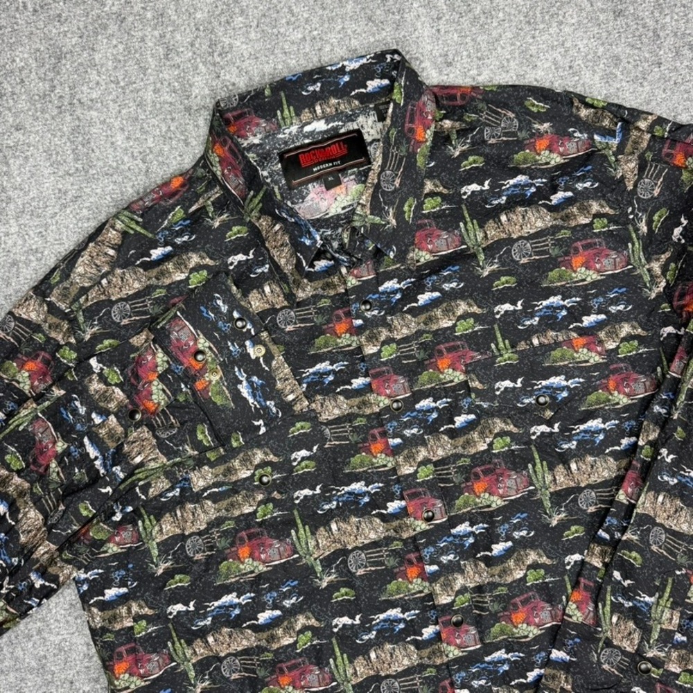 Rock & Roll Denim Western Shirt Mens XL Black Desert Truck Pearl Snap Modern Fit